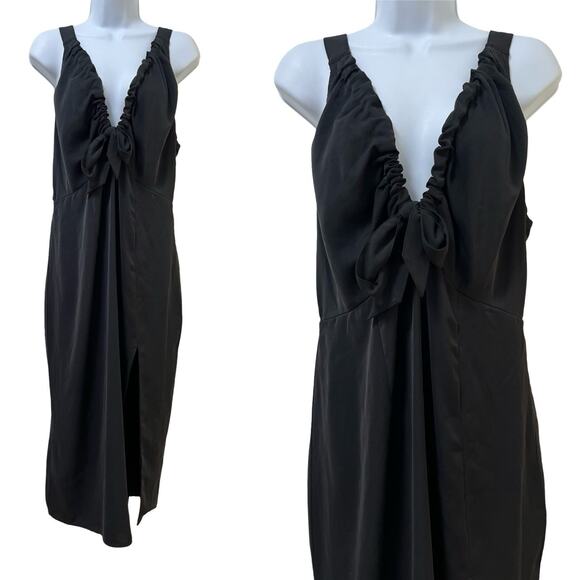 Abercrombie & Fitch Cinched V Neck Slip Midi Dress Size L Black Side Slit Gothic - Picture 1 of 7